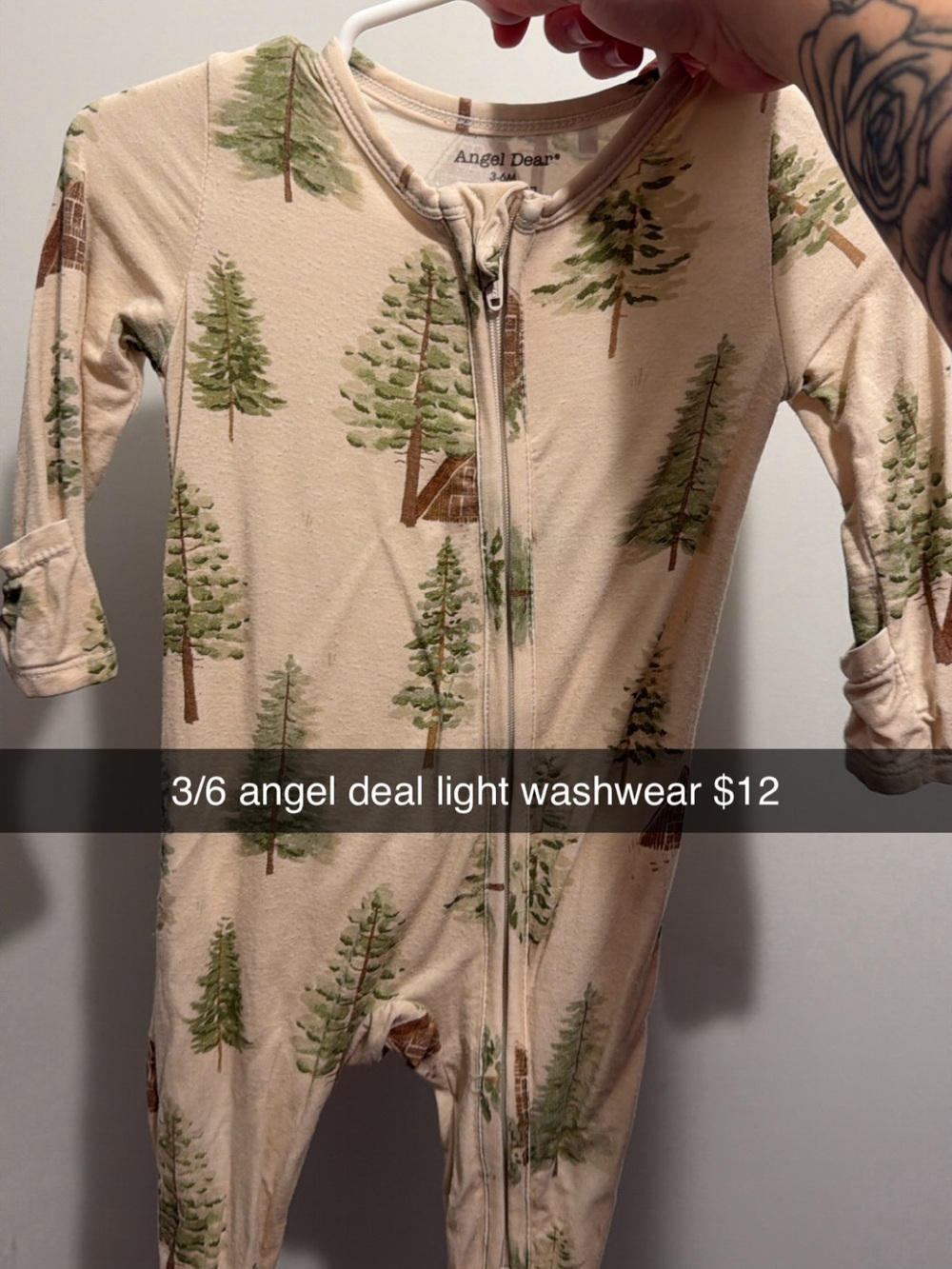 Angel Dear Cream Romper with Green Tree & Brown Cabin Print